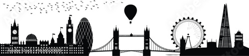 London Skyline Silhouette, Tower Bridge, Big Ben, London Eye, Hot Air Balloon, Birds Flying, Cityscape, Black and White, Urban Landmarks