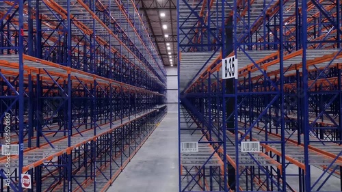Interior of modern warehouse with empty racking system 