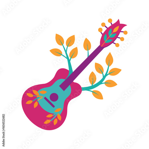 Psychedelic guitar blossoming with surreal sound waves vector art illustration
