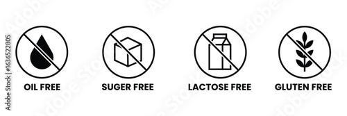 oil, sugar, lactose, and gluten free icon vector illustration. icons for food dietary supplement labeling. 