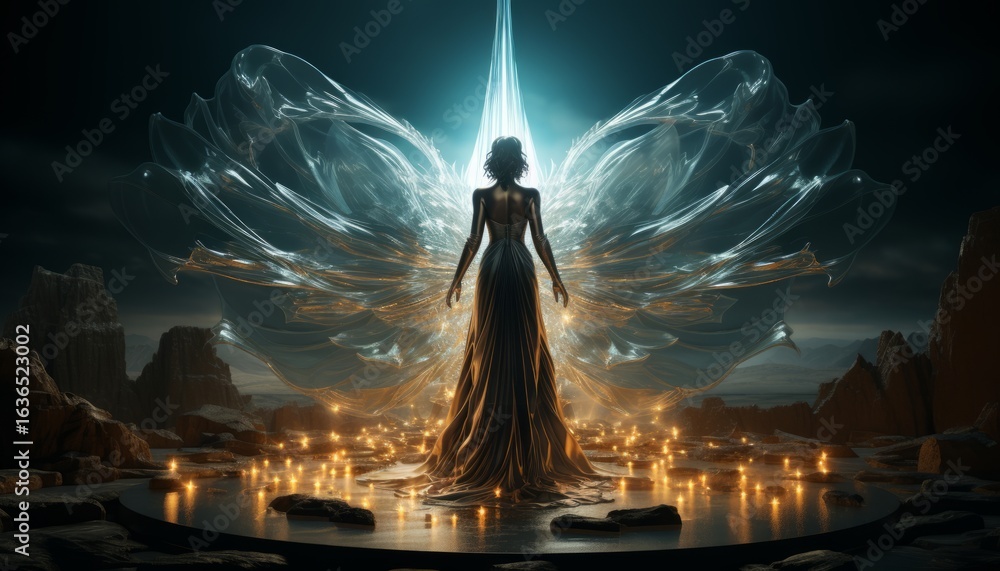 Obraz premium Holy girl with angel wings looks down sadly