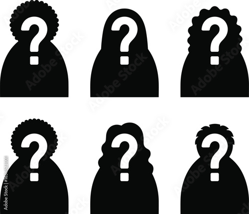 Silhouette mystery figures, question marks, diverse hairstyles, unknown identity, black icons, anonymous concept, guessing game, secret faces, shadow people, illustration