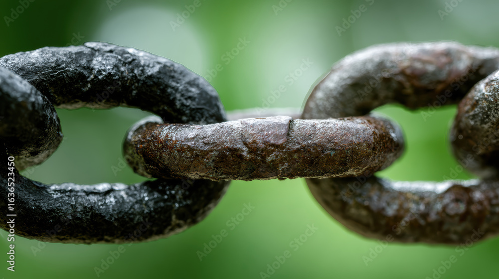 Fototapeta premium Close up of rusty metal chain link with green background