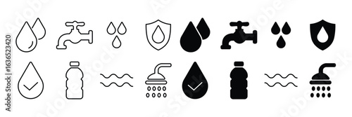 water icons for health, hygiene, and hydration safety. water, drop, tap, shower, bottle, wave, shield, health, hygiene, safety, clean, fluid, liquid, wet, purity icon vector illustration
