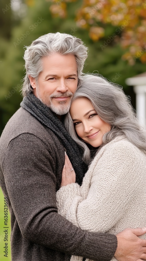 Fototapeta premium A smiling couple stands side by side, radiating happiness in their garden, dressed elegantly for a casual outing, enjoying each other's company