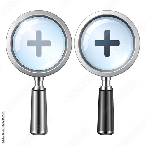 3D Zoom In and Zoom Out Icons in Glossy Style, transparent background