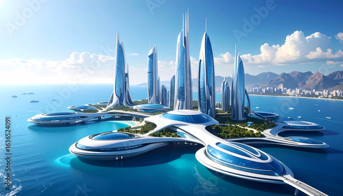 Visionary and hopeful concept of futuristic city with modern architecture. This utopian island metropolis with skyscraper sits peacefully in blue ocean with advanced technology