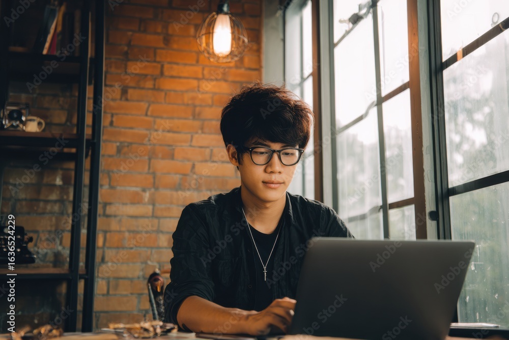 Fototapeta premium Young Asian Programmer Working on a Laptop in a Cozy Cafe During a Rainy Afternoon