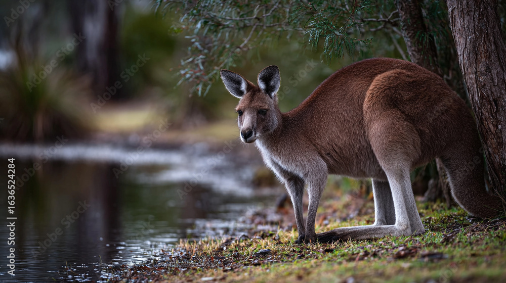 Naklejka premium Alert Kangaroo Standing Near Water in Natural Habitat Australia Wildlife