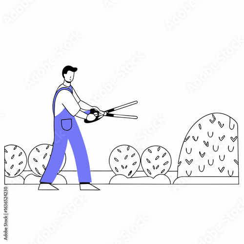 Gardener trimming bushes with shears landscaping and yard work vector