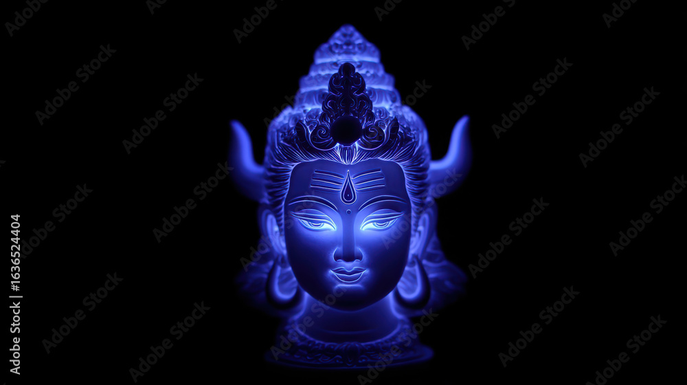 Naklejka premium Divine glowing blue statue head with serene expression on black