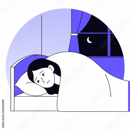 Illustration of insomnia sleeplessness and sleep disorder in woman bed