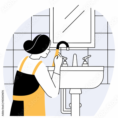 Woman cleaning bathroom sink faucet with brush home hygiene routine