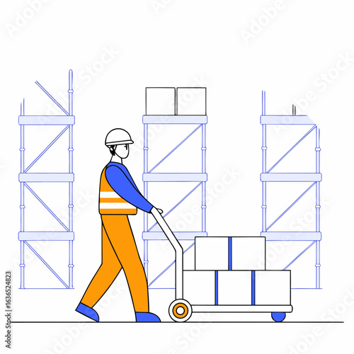 Warehouse worker pulling cart boxes vector illustration design
