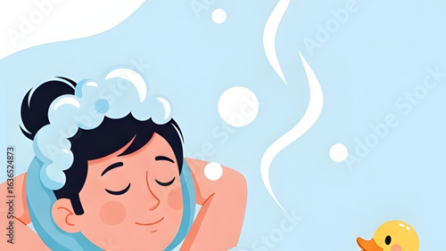Serene Young Woman Relaxing in a Foaming Bathtub with Eyes Closed, Enjoying a Peaceful Moment with a Yellow Rubber Duck