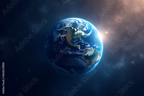Majestic view of planet earth from outer space with a bright sunrise illuminating the atmosphere and continents with a sense of wonder and global connection