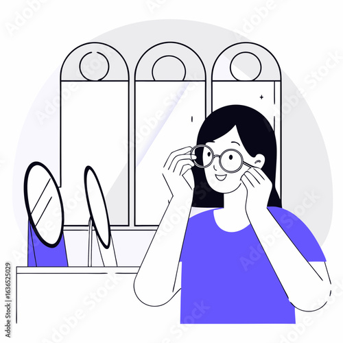 Woman trying on new eyeglasses at optician store for eye care vision