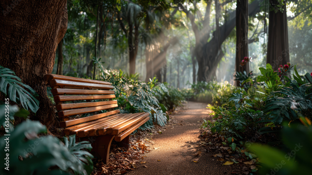 Wooden bench in peaceful forest with sunlight rays Wooden bench in peaceful forest with sunlight rays