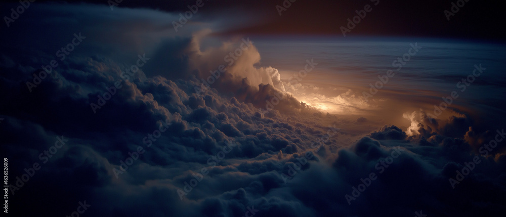 Naklejka premium Celestial Drama: A dramatic and awe-inspiring scene of a raging storm, with dark, moody clouds illuminated by flashes of lightning, presenting nature's raw power.