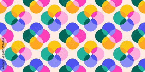 Seamless colorful geometric flower pattern in overlapping circles, abstract vector background