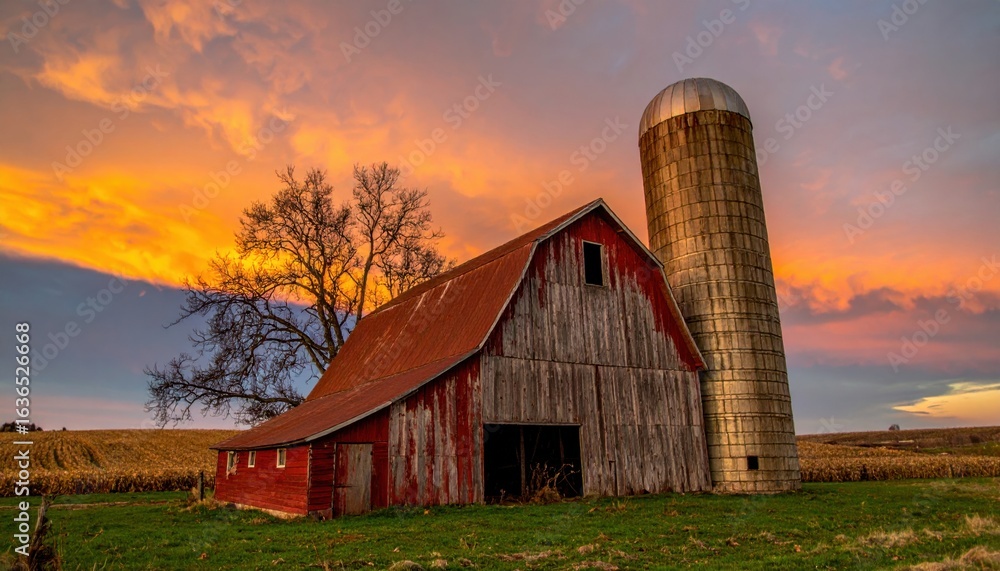 Obraz premium Barn and Silo with Sunset Sky