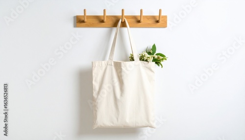 Wallpaper Mural Minimalist natural cotton tote bag hanging on a wooden wall rack, Clean white cotton background Torontodigital.ca