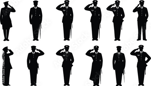 Military salute silhouettes, diverse uniforms, standing at attention, respectful gesture, army, navy, air force, honor, discipline, tradition, vector art