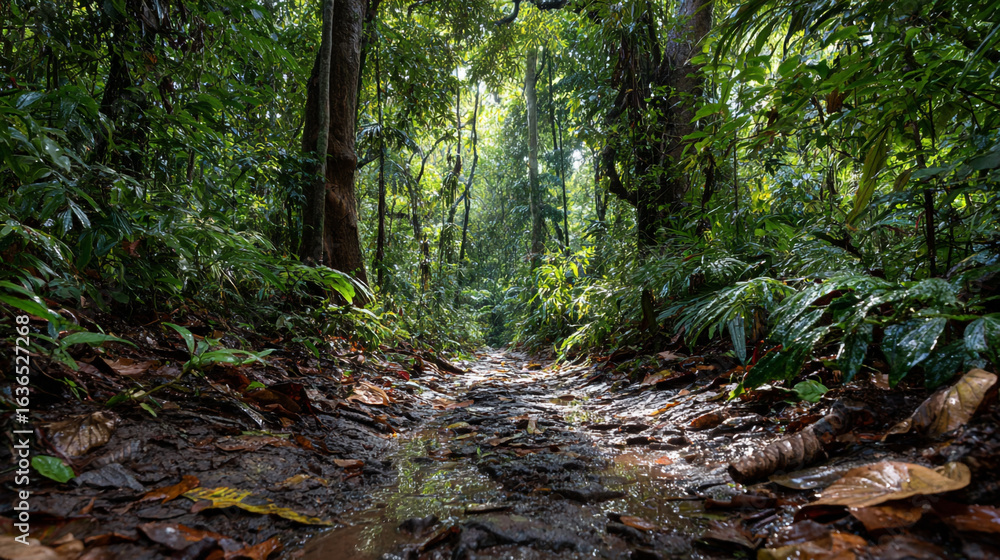 Fototapeta premium Lush Greenery and Sunlight Filtering Through a Tropical Rainforest Path