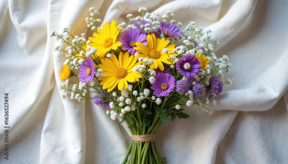 Obraz premium Freshly picked colorful wildflower bouquet featuring yellow daisies, purple asters accented by delicate baby breath. Arranged on white linen cloth, vibrant natural composition evokes spring, summer.