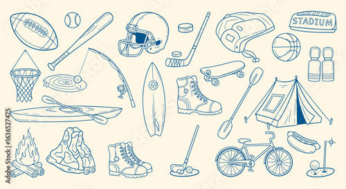 Sports Icon Set. Blue line art vector illustration of various sports and outdoor activities. Hand drawn doodle clipart of football, basketball, and camping for recreation and hobby design.