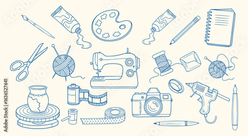 Arts and Crafts Icon Set. Blue hand drawn vector illustration of creative hobby supplies. Doodle clipart of painting, sewing, and photography tools for workshop and DIY design. Art graphic.