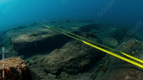 Close-up of a yellow-striped submarine cable laid across the sandy seabed, representing modern undersea internet and communication infrastructure.