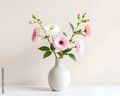 A beautiful bouquet of pink and white gerbera daisies in a minimalist white vase. This elegant still life on a beige background is perfect for home decor or greeting cards.