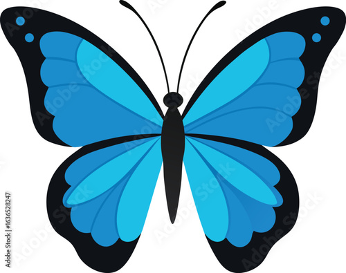 Vibrant Blue Butterfly Illustration with Black Accents on a White Background