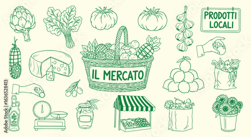 Italian Market Icon Set. Green hand drawn vector illustration of fresh and local food. Il Mercato doodle clipart for a farmers market, grocery, and restaurant menu design. Organic food art.