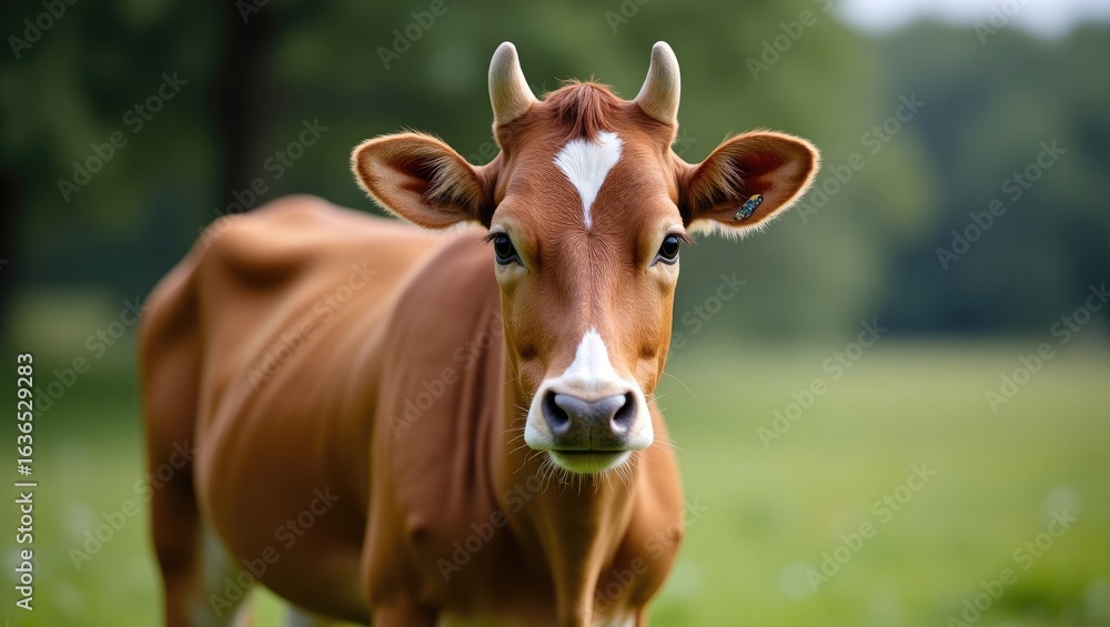 Close-up of a brown cow in a grassy field. Close-up of a brown cow in a grassy field.