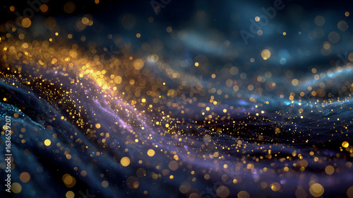 Golden particles flowing on a dark blue wavy background