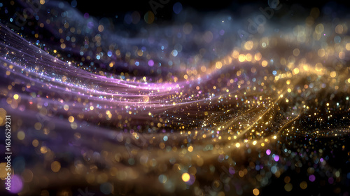 Golden particles flowing on a wavy surface with bokeh effect