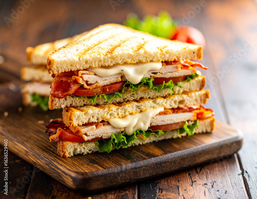 A stacked club sandwich with grilled bread, turkey, bacon, lettuce, tomato, and mayonnaise, presented on a wooden board.