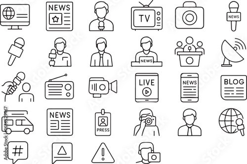 Mass Media Line Icons – Journalism, News, TV Show, Video, Interview, Radio, Press, Social Media Vector Illustration