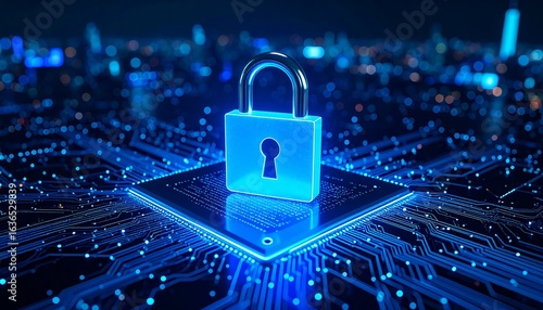 Glowing Blue Padlock on a Microchip with Circuitry and Bokeh Background