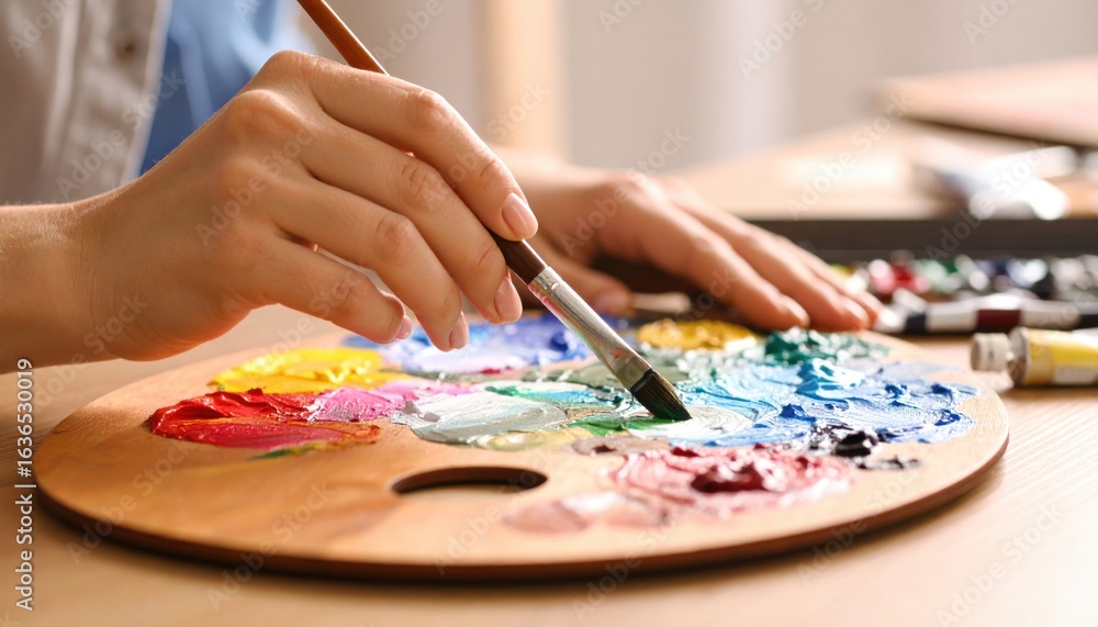 Fototapeta premium Hand with Paintbrush Mixing Paint on Palette