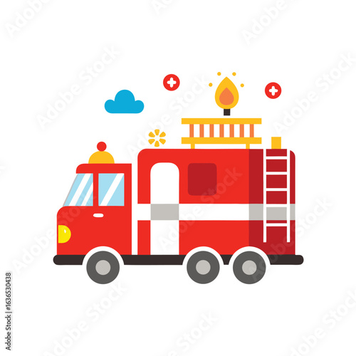Cartoon red fire truck with ladder and water cannon on a white background fire engine