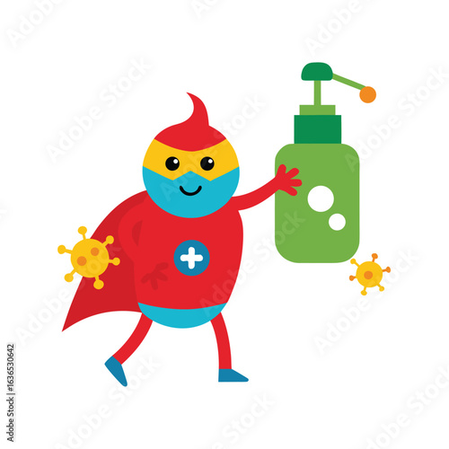 Superhero soap bottle battling cartoon germs vector art illustration