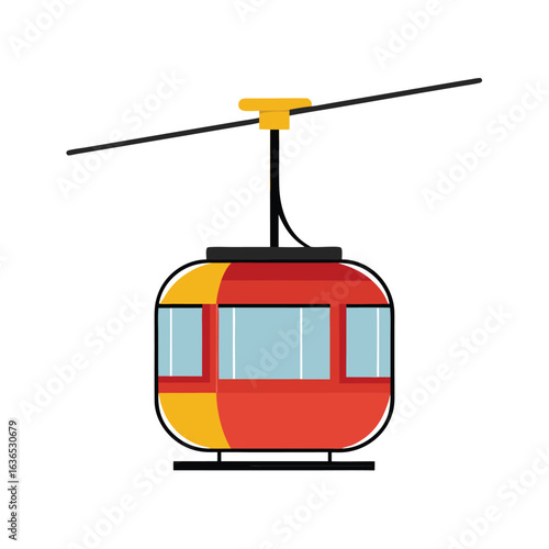 Red and yellow cable car suspended on a black cable with a white background gondola