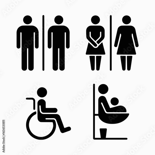 Collection of restroom accessibility and gender icons silhouette isolated on white background