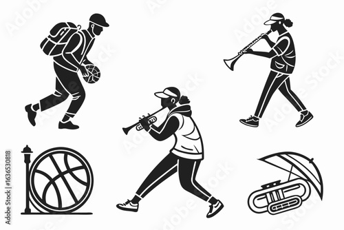 Marching band and basketball players