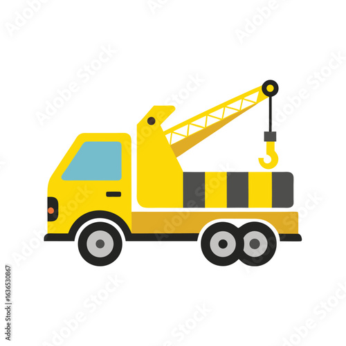 Yellow tow truck with crane and striped bed wrecker vehicle