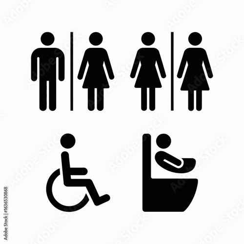 Collection of restroom signage icons including male female disabled and baby changing facilities silhouette isolated on white background