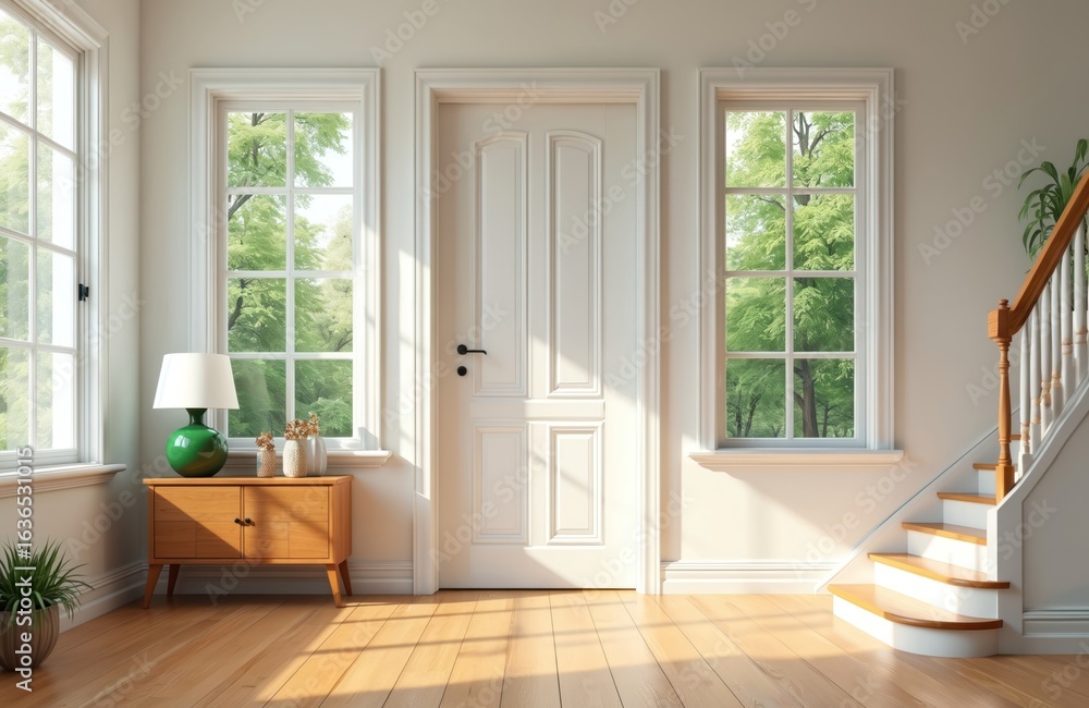 Fototapeta premium Modern house interior with white door central focus, large windows frame rich green trees. Sunlight streams across wooden floor, illuminating side table with lamp, vase. Staircase with wooden railing